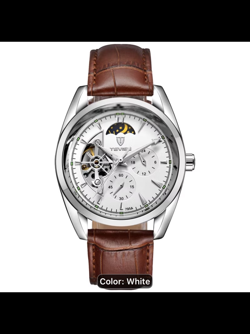 New Automatic Skeleton Dial Mens Tevise Watch With Brown Leather Strap